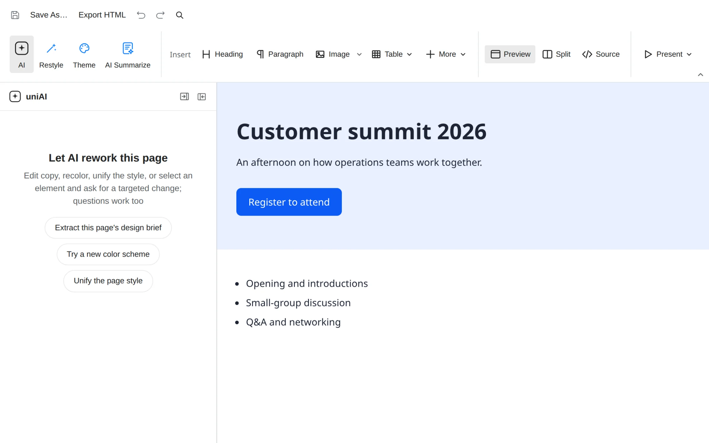 UniWork Office: HTML with the AI panel