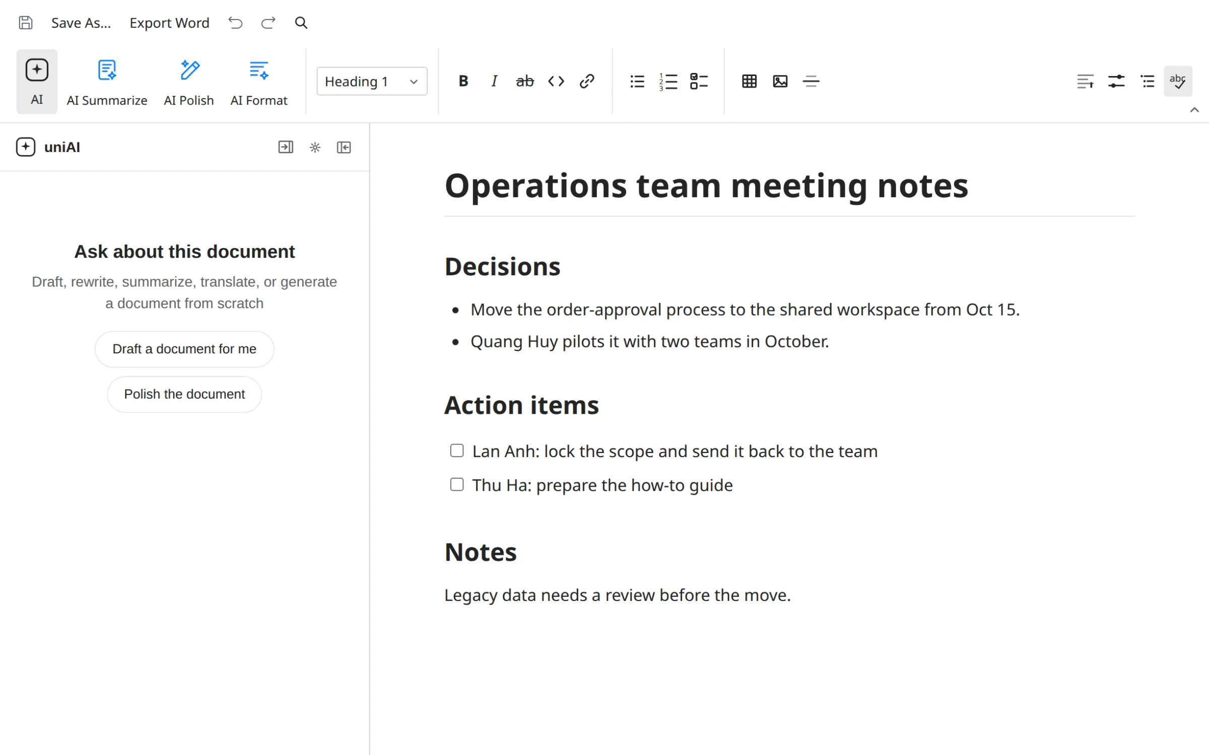 UniWork Office: Markdown with the AI panel