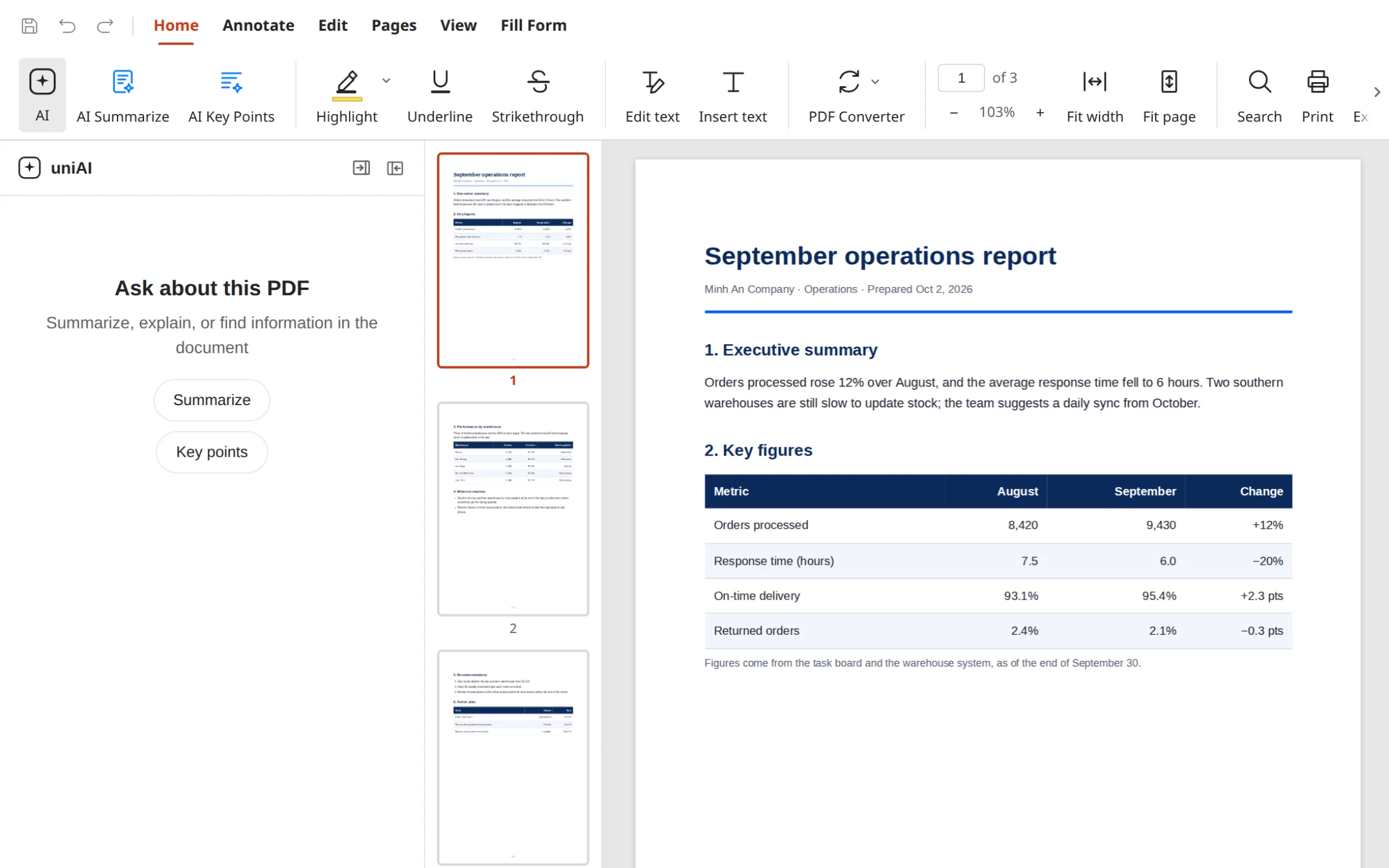 UniWork Office: PDF with the AI panel