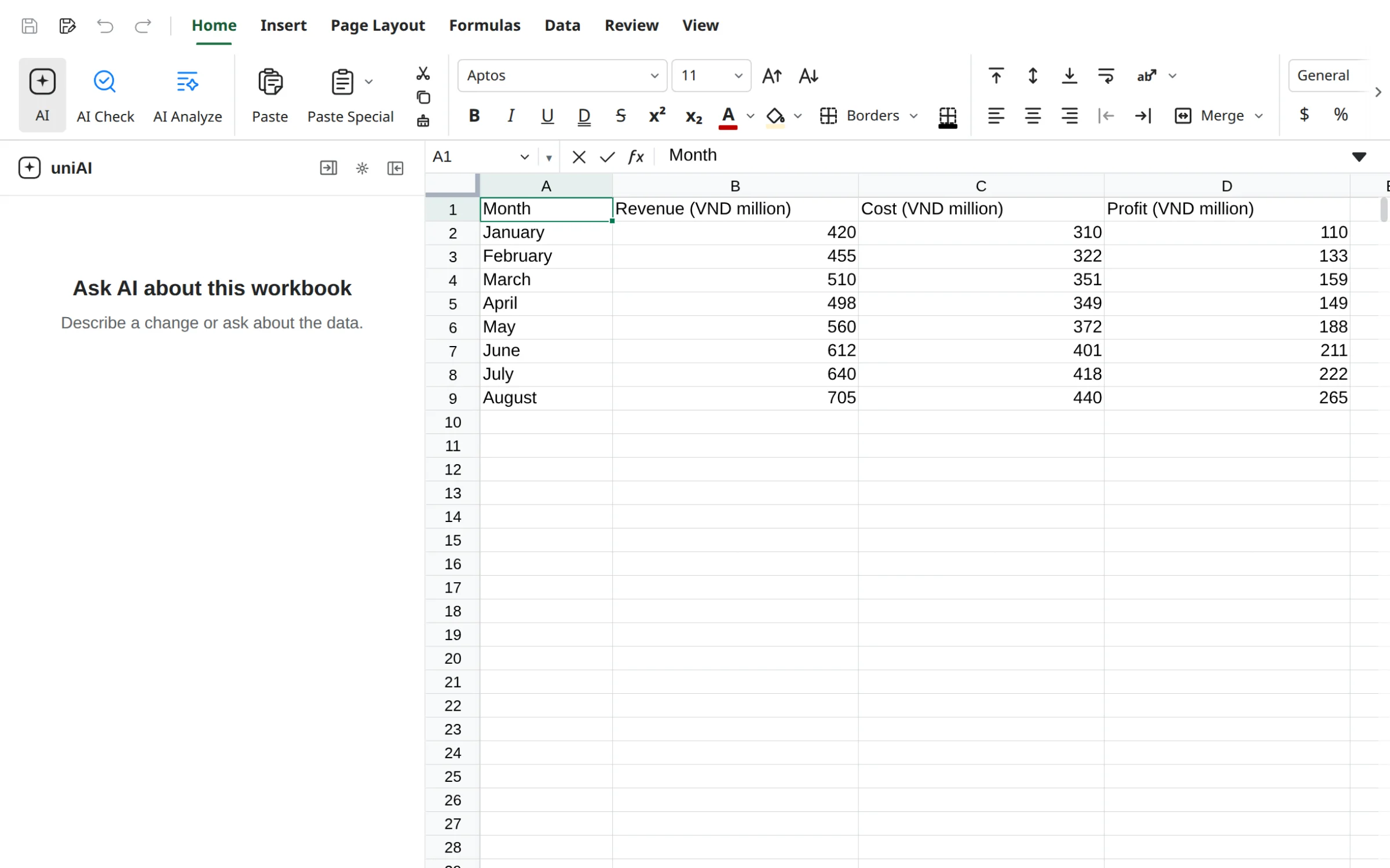 UniWork Office: Sheets with the AI panel