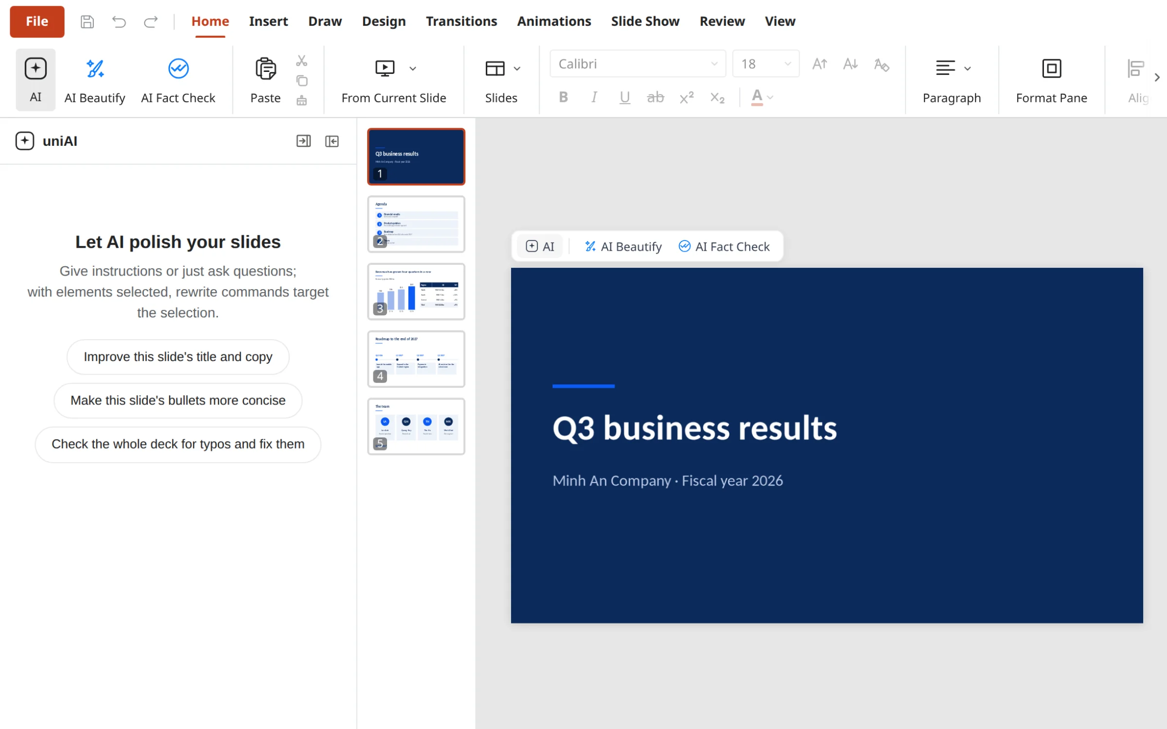 UniWork Office: Slides with the AI panel
